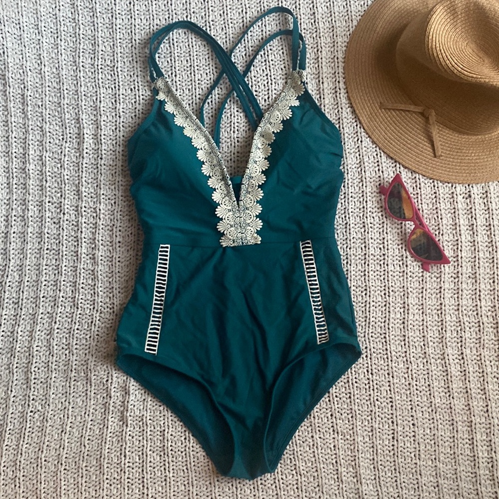 Women’s Green-Blue Swimsuit with Lacey Accents – Size Small